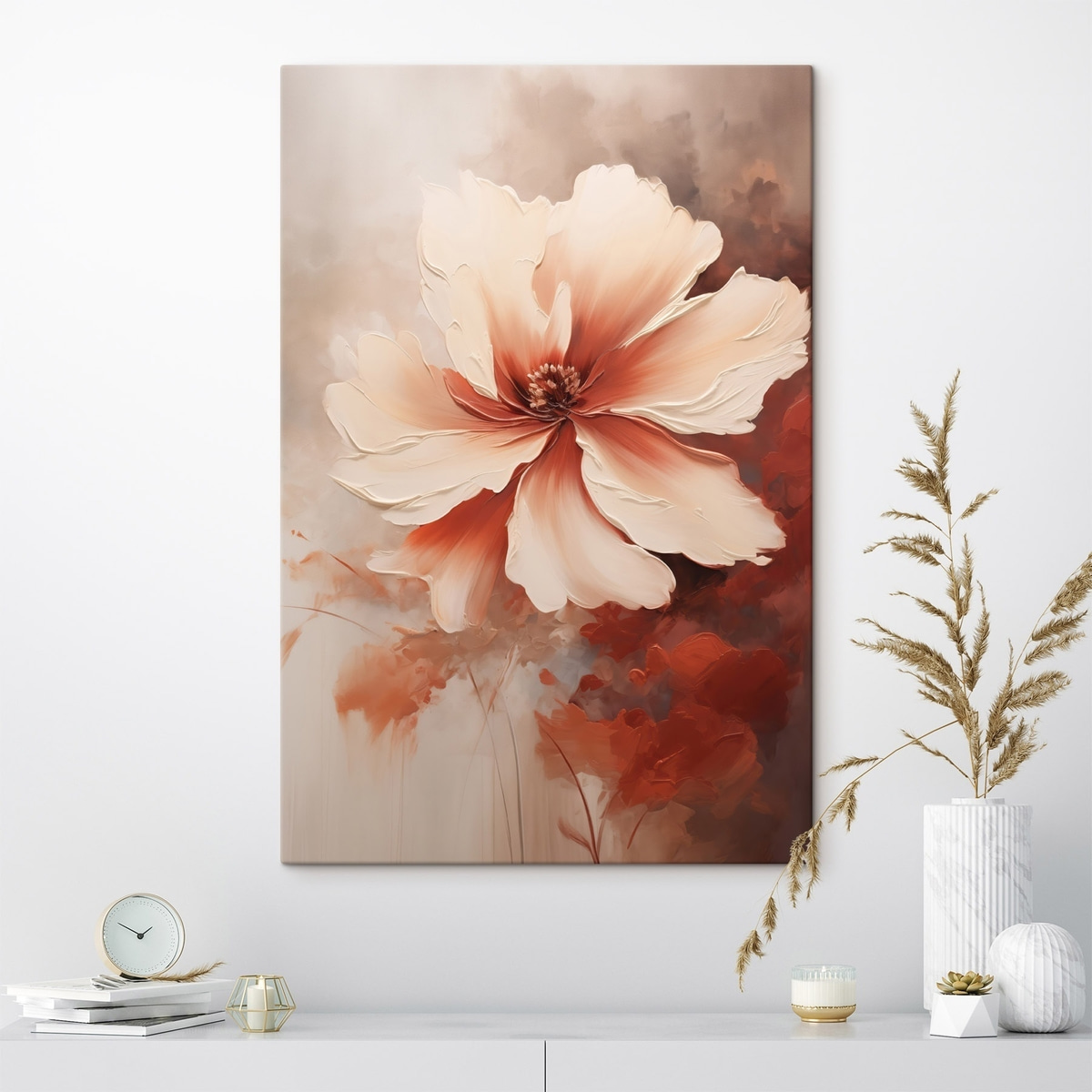 Close-up van een witte koraalbloem op een wazige achtergrond in olieverfstijl — interieur 1