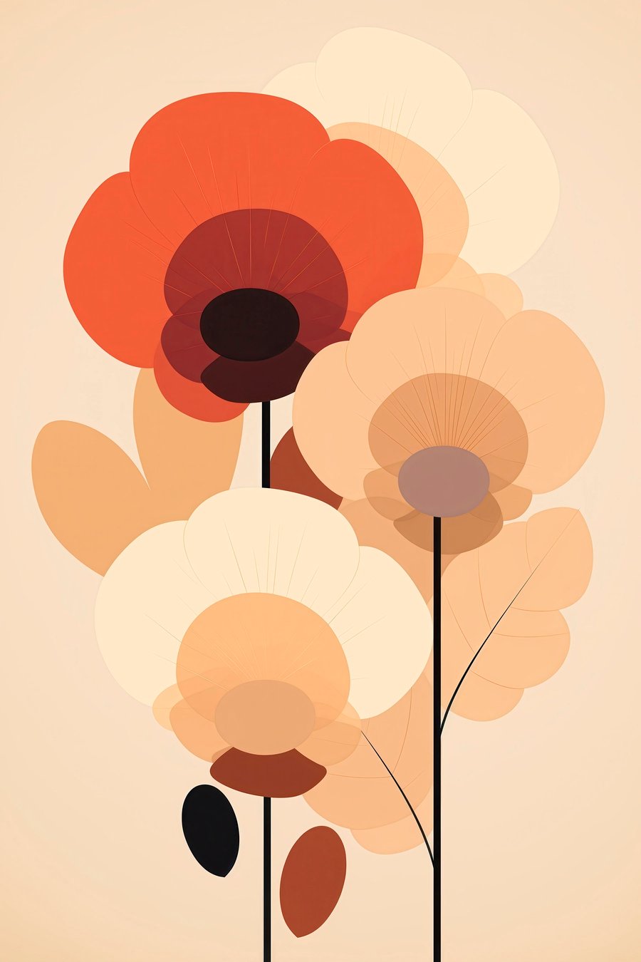 Abstracte bloemen in een warm beige kleurenpalet in minimalistische stijl — volledig ontwerp