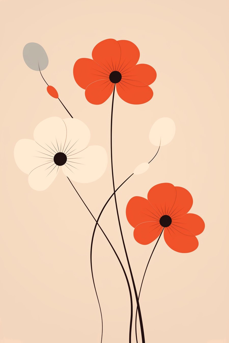 Abstracte compositie met dunne stengels en eenvoudige vormen in een minimalistische stijl — volledig ontwerp