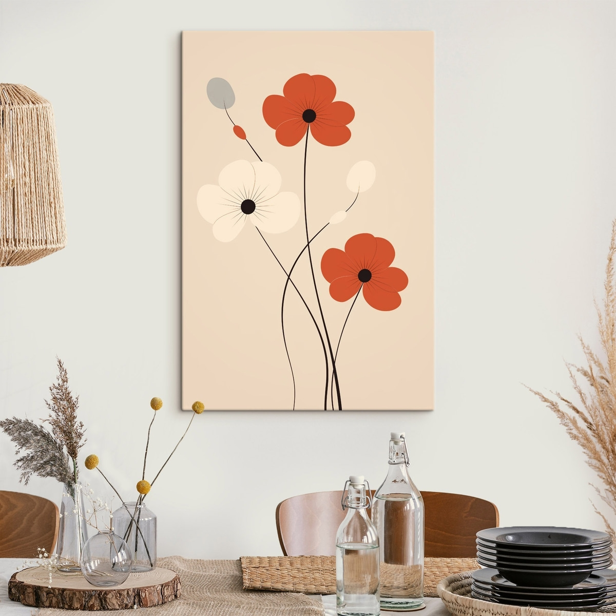 Abstracte compositie met dunne stengels en eenvoudige vormen in een minimalistische stijl — interieur 1