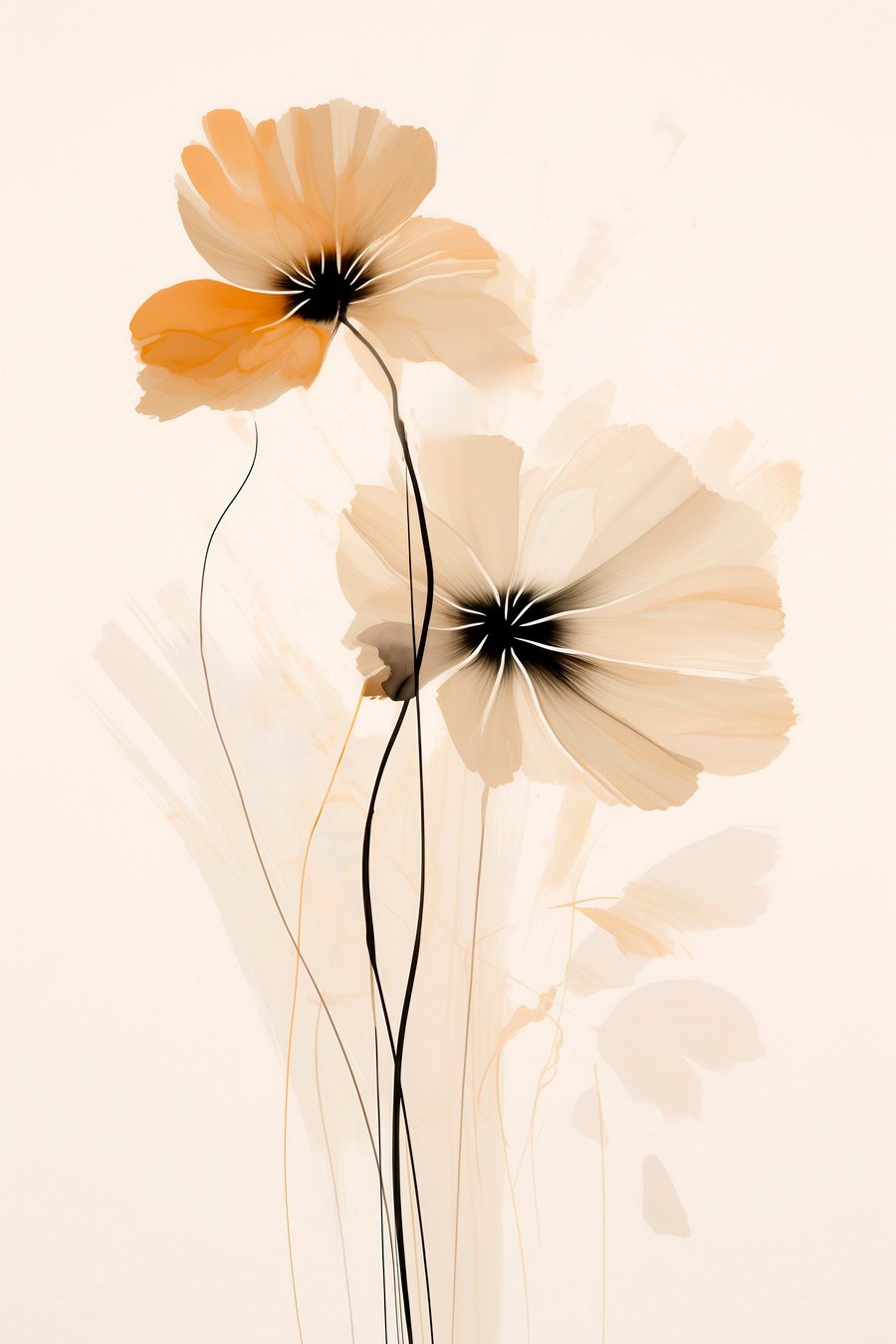Bloemen in een beige-perzikkleurig palet met donkere hartjes in een minimalistische stijl — volledig ontwerp
