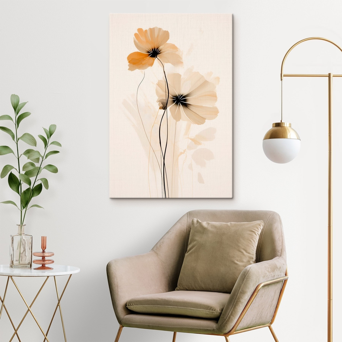 Bloemen in een beige-perzikkleurig palet met donkere hartjes in een minimalistische stijl — interieur 3