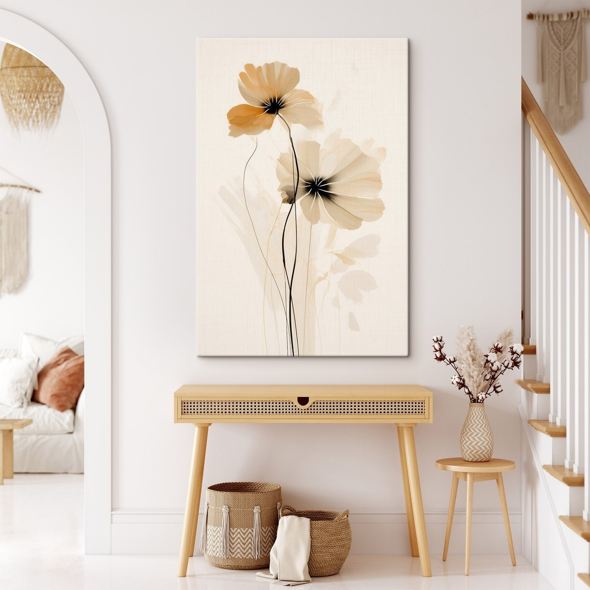 Bloemen in een beige-perzikkleurig palet met donkere hartjes in een minimalistische stijl — interieur 2