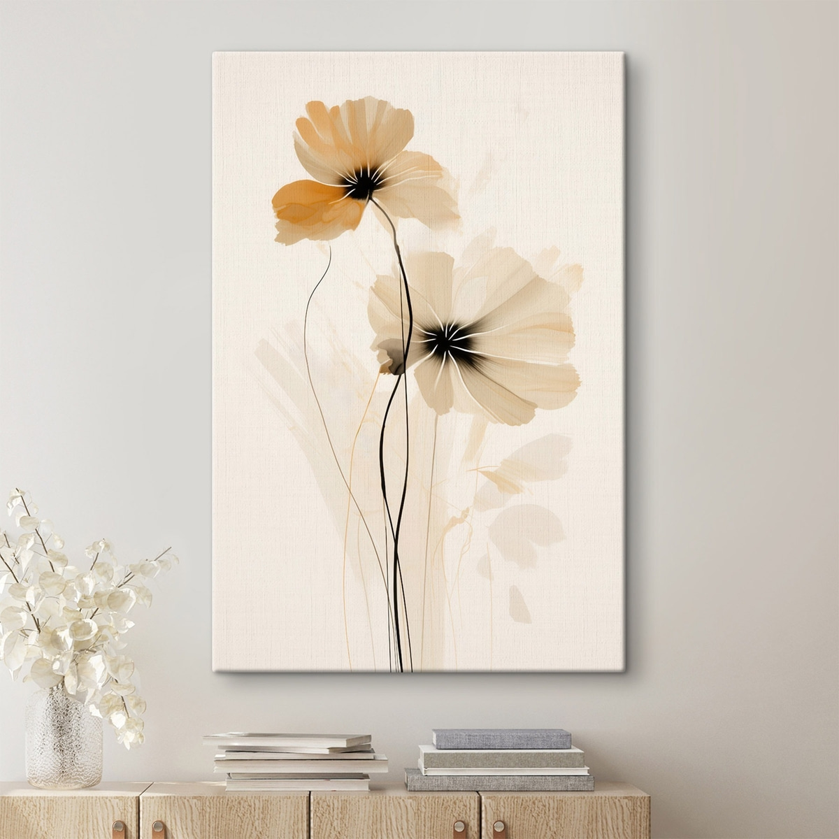 Bloemen in een beige-perzikkleurig palet met donkere hartjes in een minimalistische stijl — interieur 1