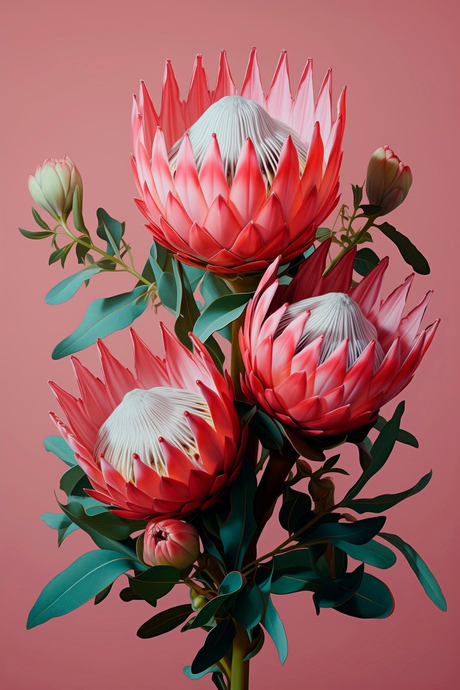 Protea-boeket met rode bloemblaadjes en groen blad op een roze achtergrond — volledig ontwerp