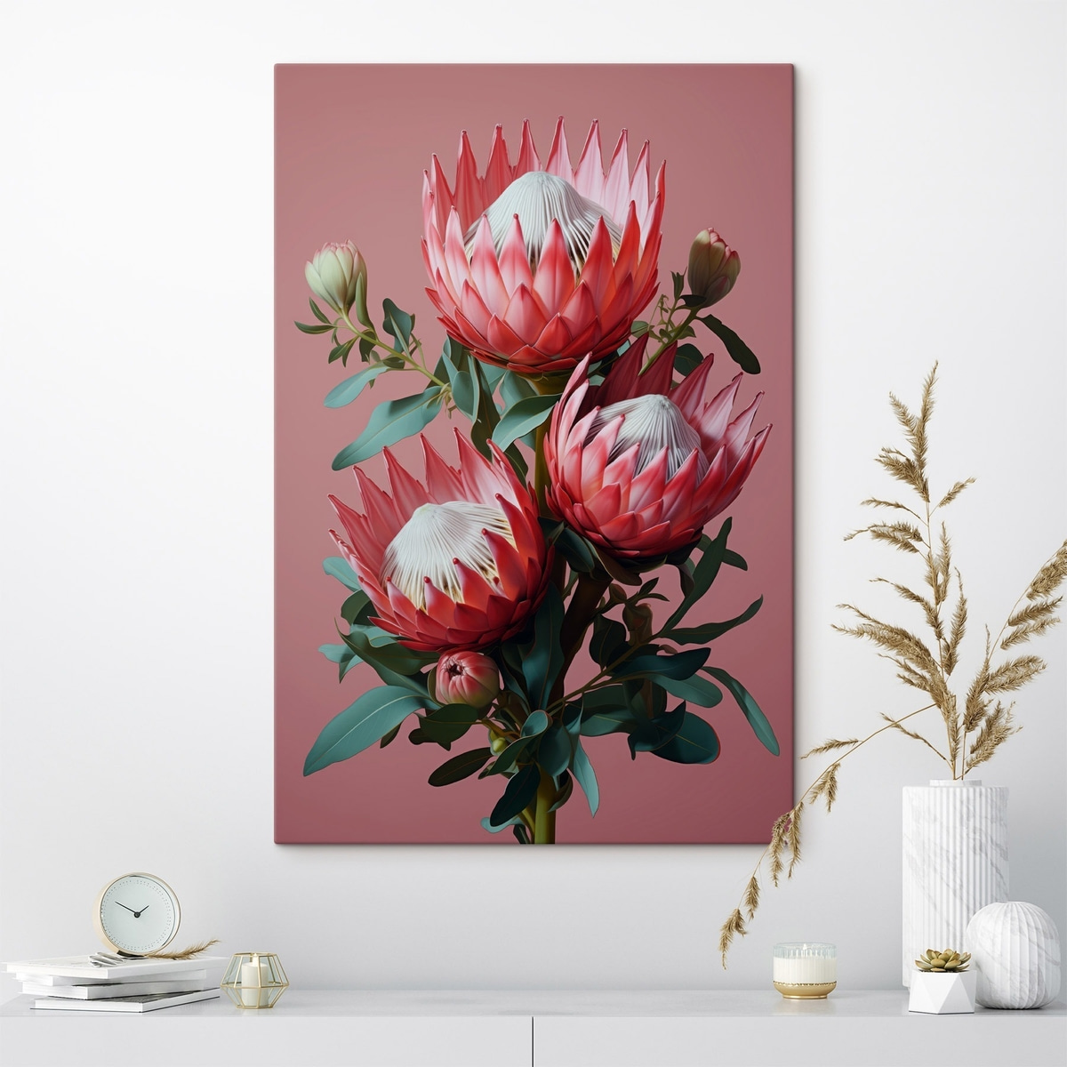 Protea-boeket met rode bloemblaadjes en groen blad op een roze achtergrond — interieur 2