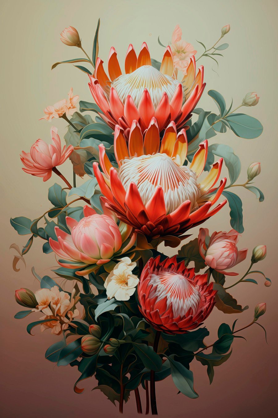 Compositie met grote protea's in een moderne digitale schilderachtige illustratiestijl — volledig ontwerp