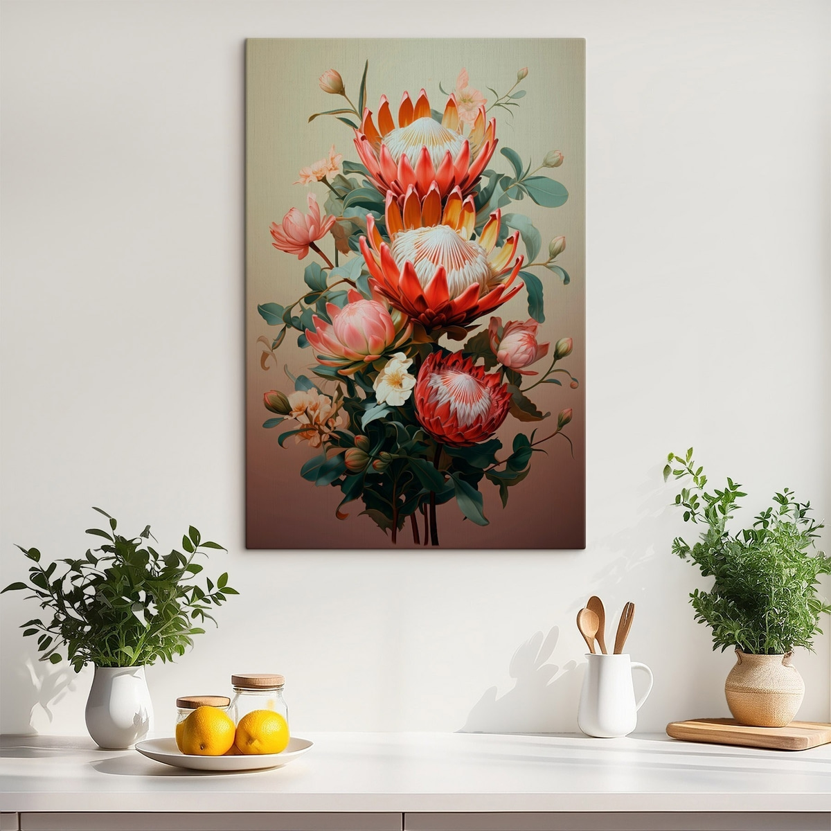 Compositie met grote protea's in een moderne digitale schilderachtige illustratiestijl — interieur 3
