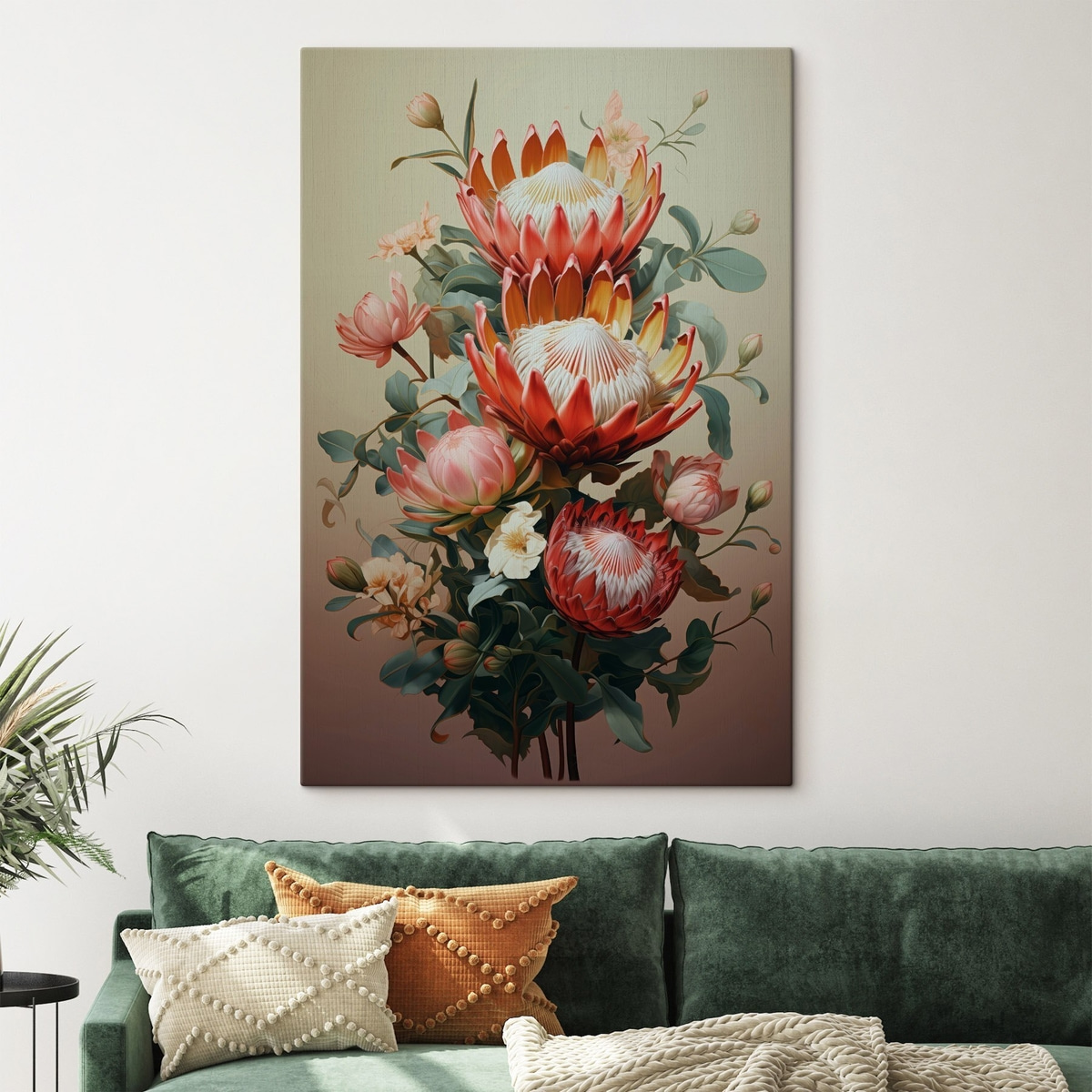 Compositie met grote protea's in een moderne digitale schilderachtige illustratiestijl — interieur 1