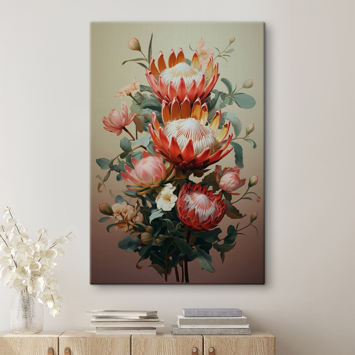 Compositie met grote protea's in een moderne digitale schilderachtige illustratiestijl — interieur 2