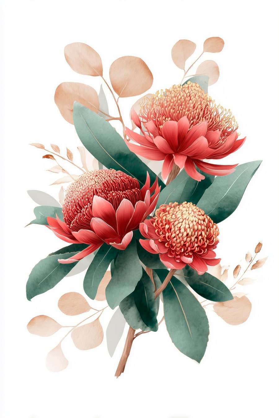 Expressief boeket van protea's en decoratief blad in moderne kunstillustratiestijl — volledig ontwerp