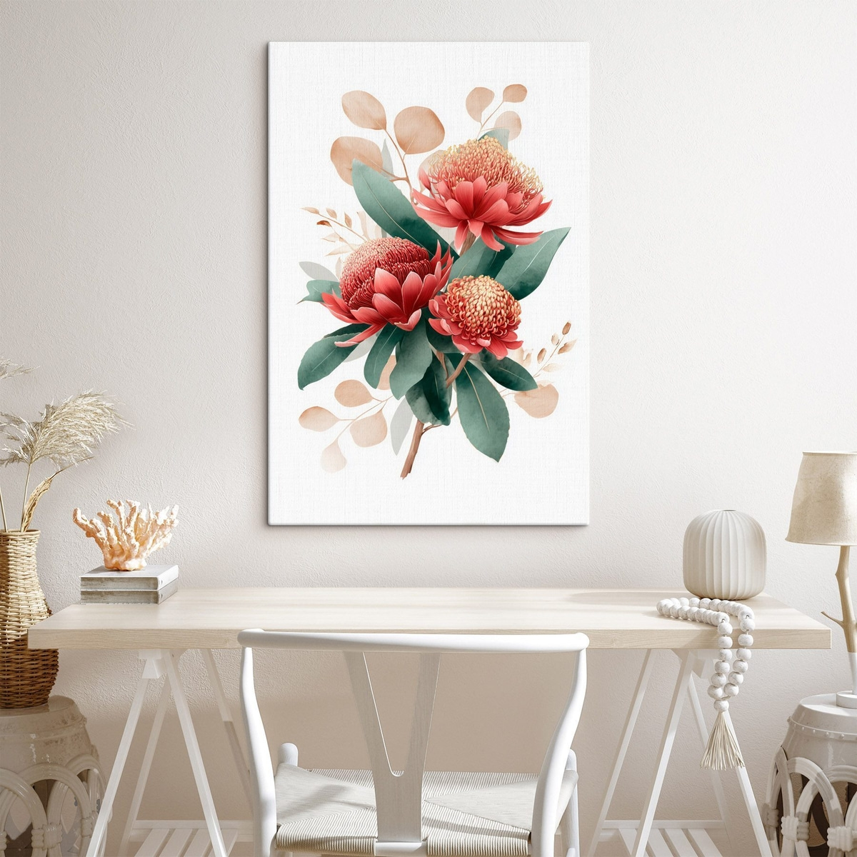Expressief boeket van protea's en decoratief blad in moderne kunstillustratiestijl — interieur 2