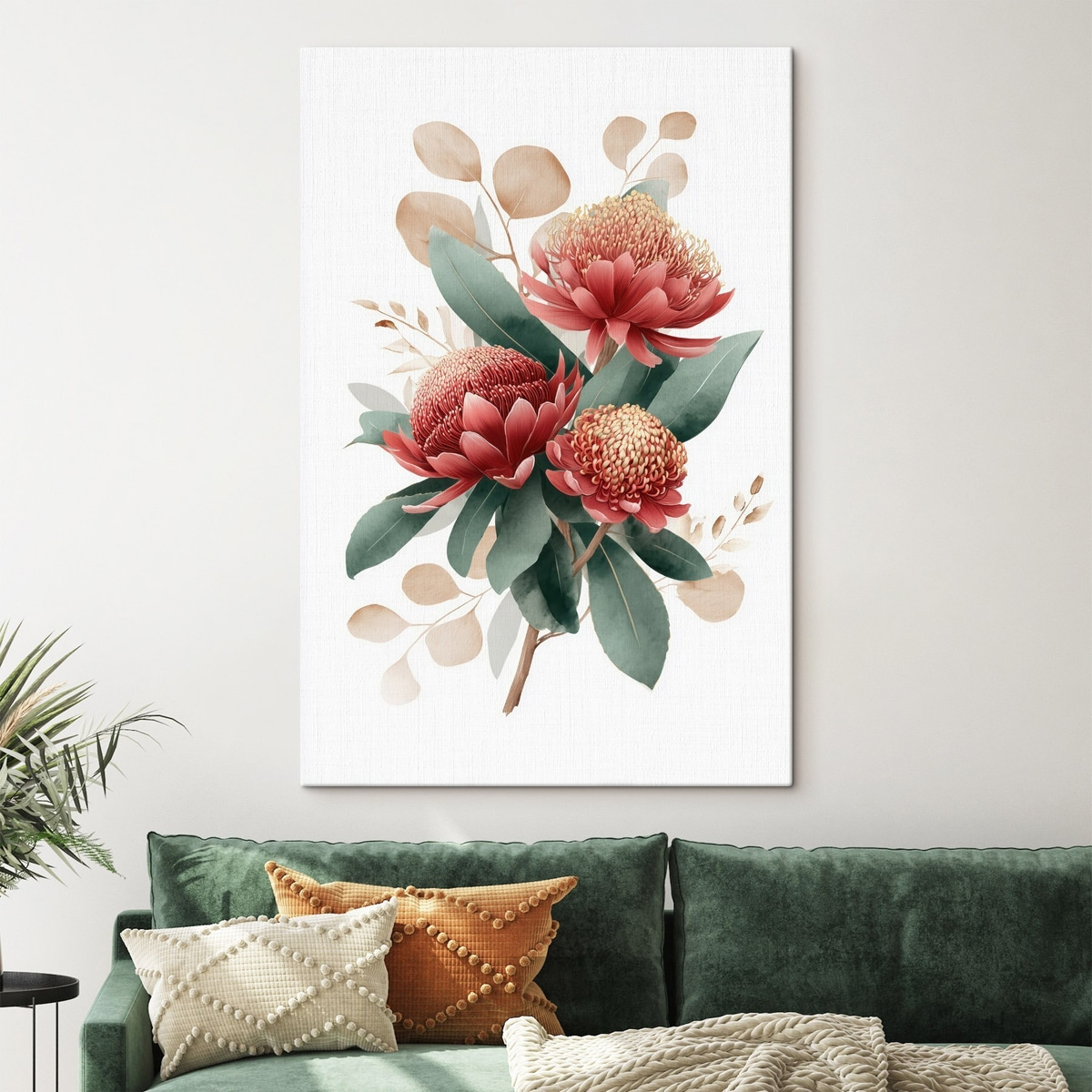 Expressief boeket van protea's en decoratief blad in moderne kunstillustratiestijl — interieur 1