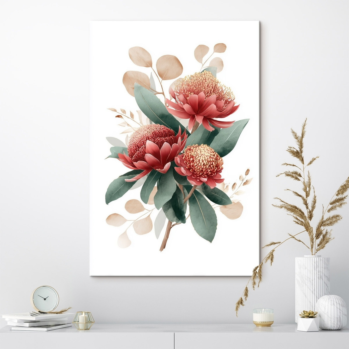 Expressief boeket van protea's en decoratief blad in moderne kunstillustratiestijl — interieur 3