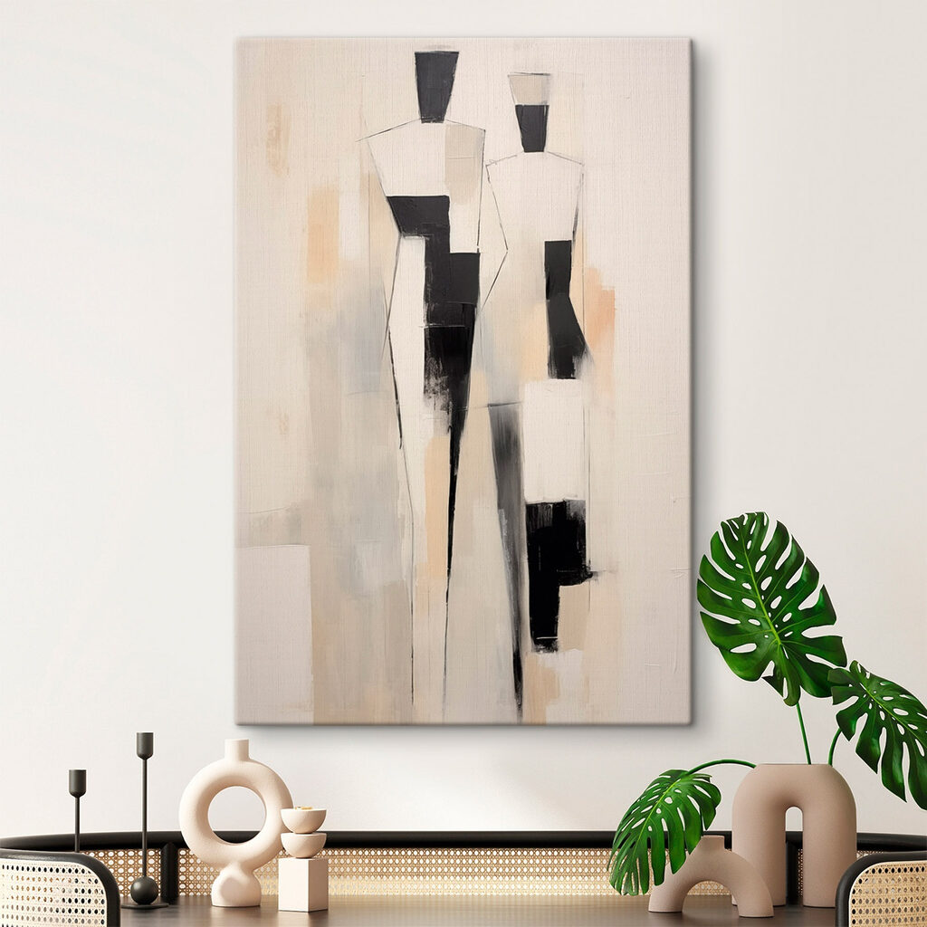 Schilderij van een persoon in zwart-wit in een interieur