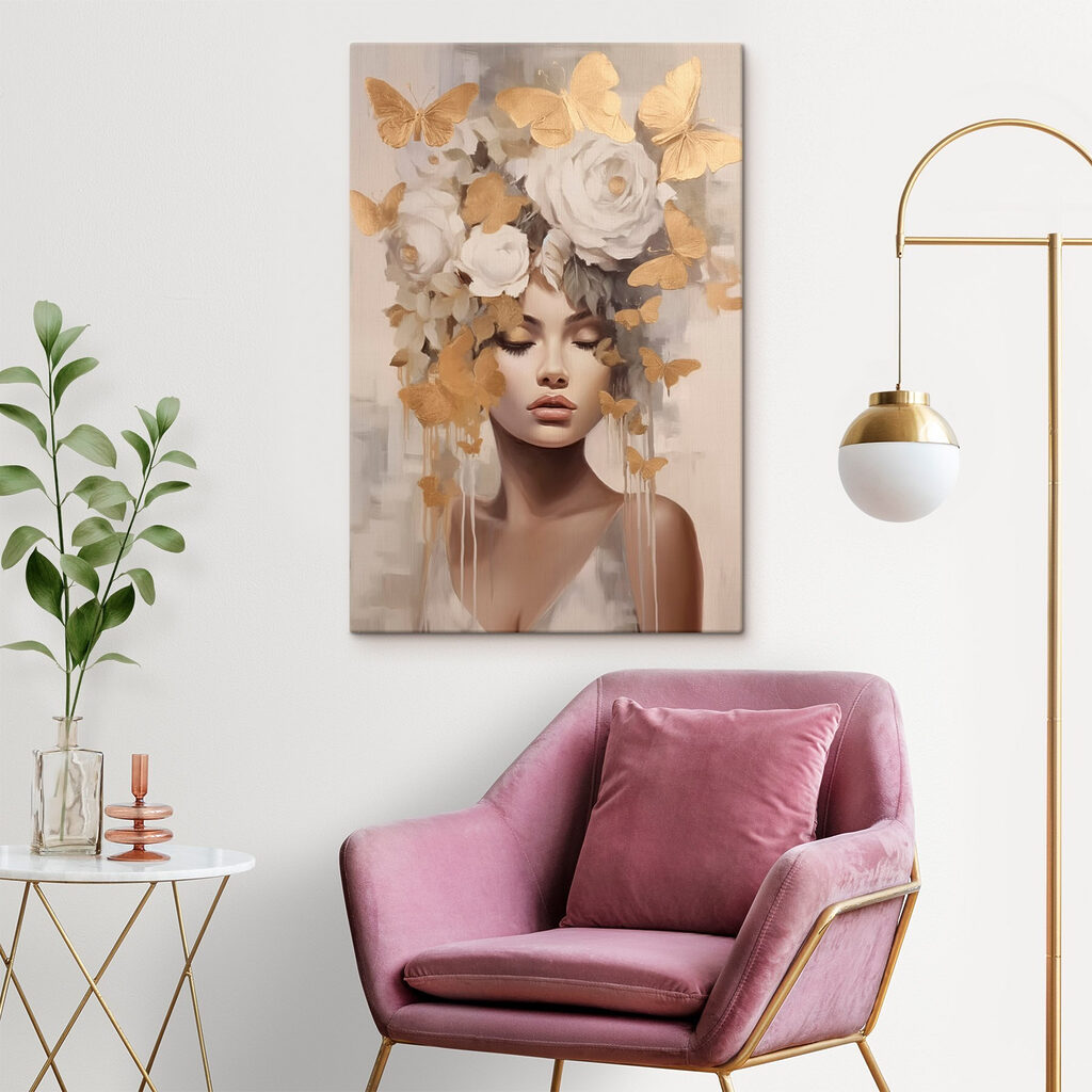 Schilderij van een vrouw met bloemen en vlinders in een interieur