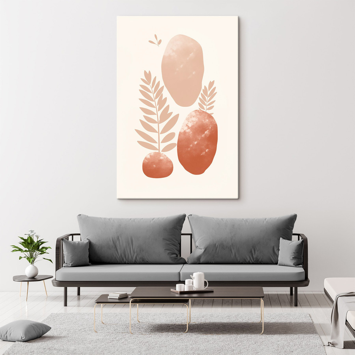 Abstracte vormen, gestructureerde stenen en bladeren in gedempte perzik- en terracottatinten, minimalistisch, crèmekleurige achtergrond — interieur 2