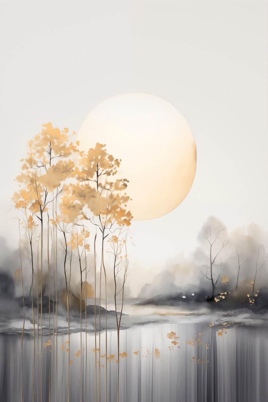 Decoratief abstract landschap, hoge bomen met gele bladeren, een rivier en mist op de achtergrond — volledig ontwerp
