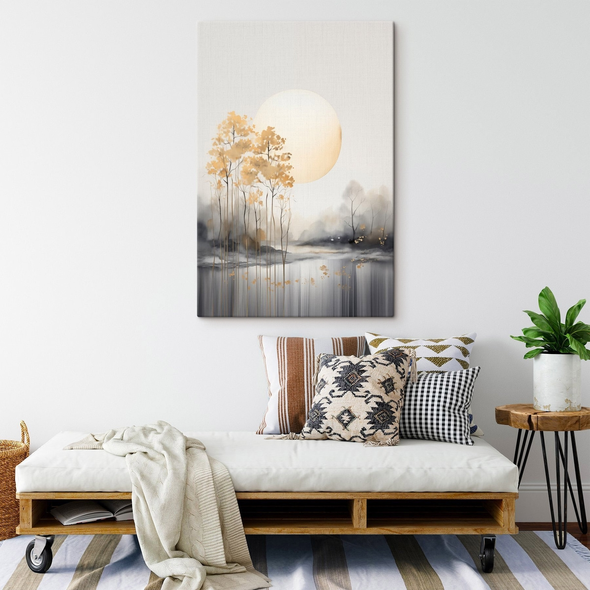 Decoratief abstract landschap, hoge bomen met gele bladeren, een rivier en mist op de achtergrond — interieur 1