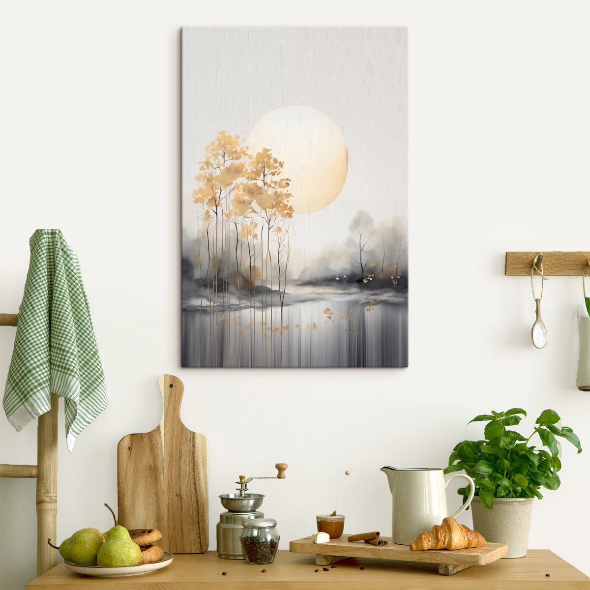 Decoratief abstract landschap, hoge bomen met gele bladeren, een rivier en mist op de achtergrond — interieur 2