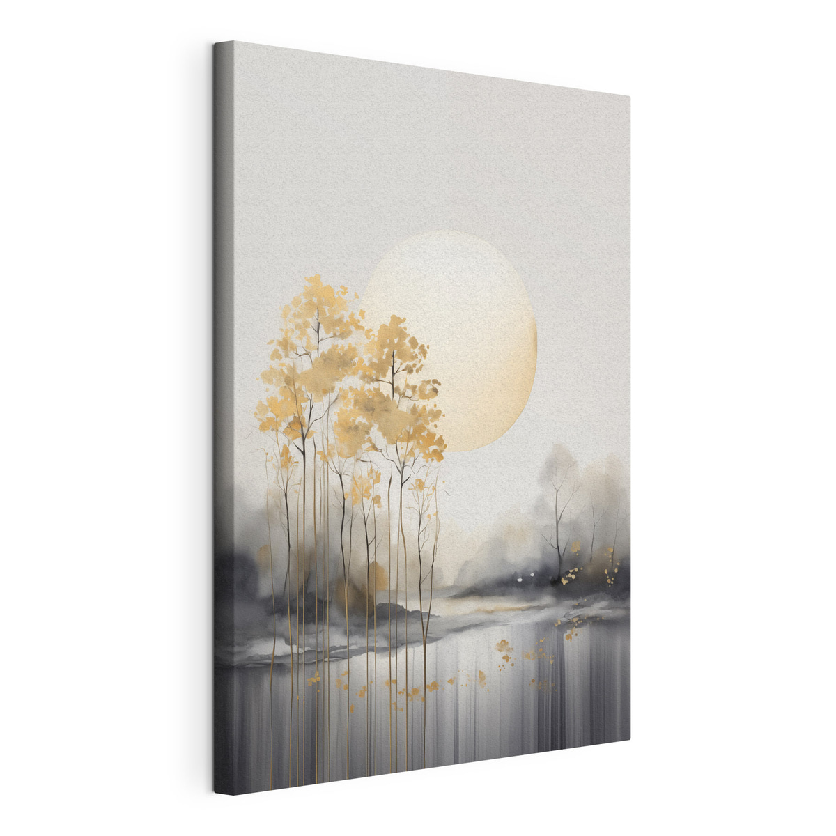 Decoratief abstract landschap, hoge bomen met gele bladeren, een rivier en mist op de achtergrond, gespannen canvas met doorlopende rand