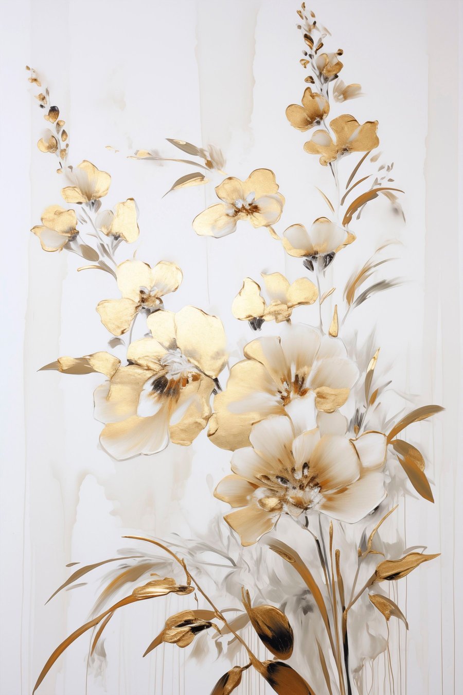 Getextureerde gele bloemen en bladeren tegen een witte achtergrond, met delicate penseelstreken — volledig ontwerp