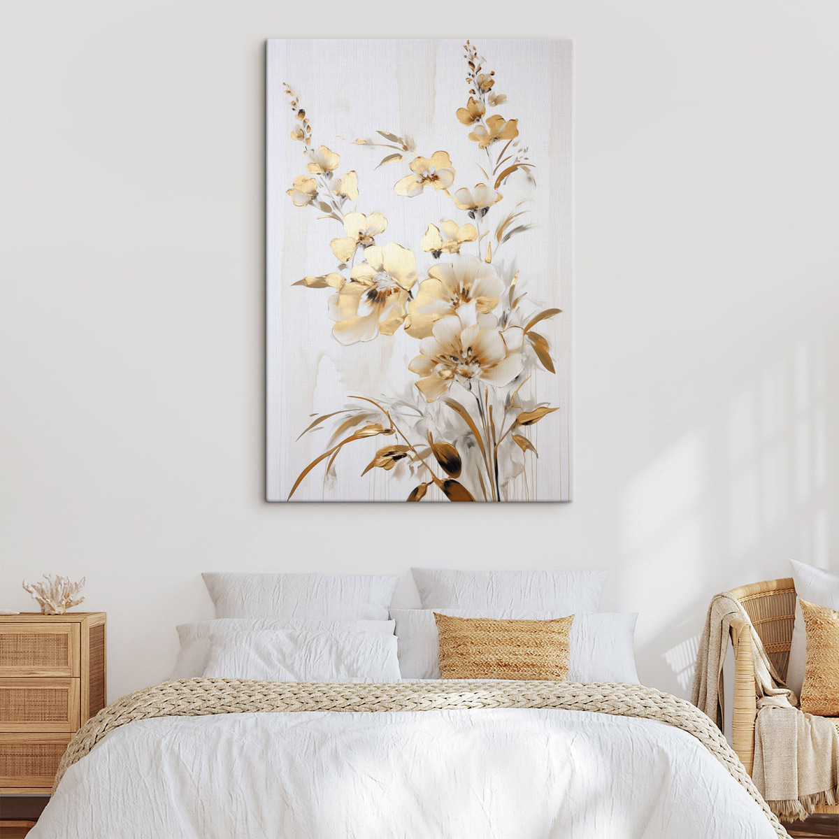 Getextureerde gele bloemen en bladeren tegen een witte achtergrond, met delicate penseelstreken — interieur 1