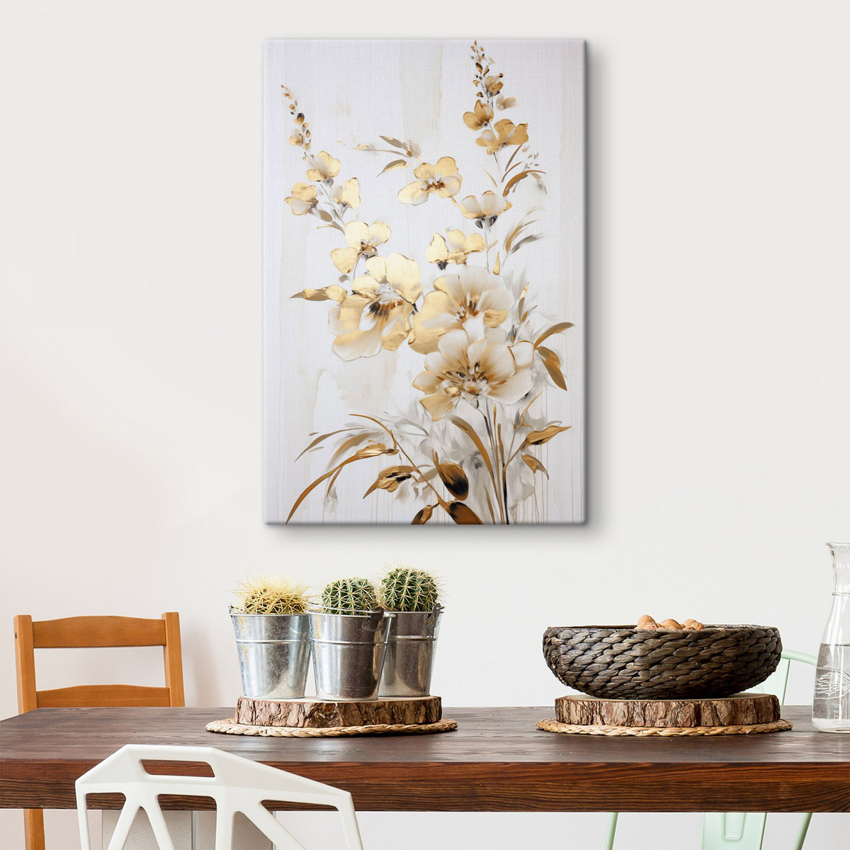Getextureerde gele bloemen en bladeren tegen een witte achtergrond, met delicate penseelstreken — interieur 2