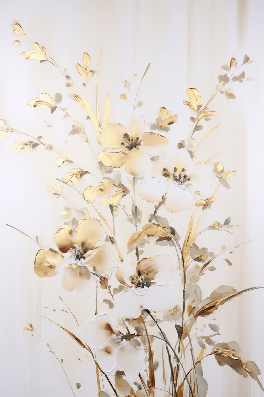 Getextureerde gele bloemen en bladeren tegen een witte achtergrond, met delicate penseelstreken — volledig ontwerp