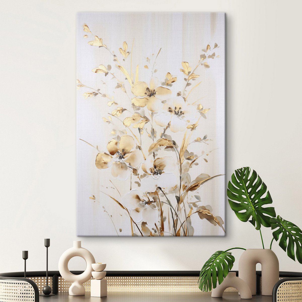 Getextureerde gele bloemen en bladeren tegen een witte achtergrond, met delicate penseelstreken — interieur 2
