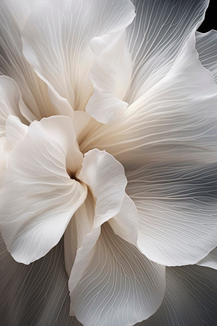Close-up van delicate abstracte witte bloemblaadjes met ingewikkelde lijnen en een wazige donkere achtergrond — volledig ontwerp