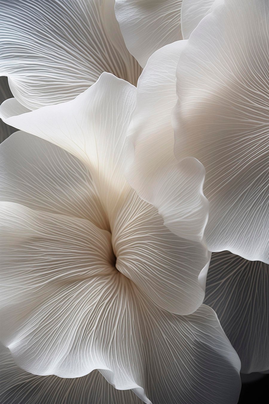 Close-up van delicate abstracte witte bloemblaadjes met ingewikkelde lijnen en een wazige donkere achtergrond — volledig ontwerp