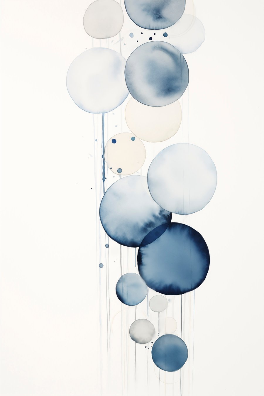 Abstracte blauwe en witte waterverfcirkels met verschillende afmetingen en textuur, tegen een witte achtergrond — volledig ontwerp
