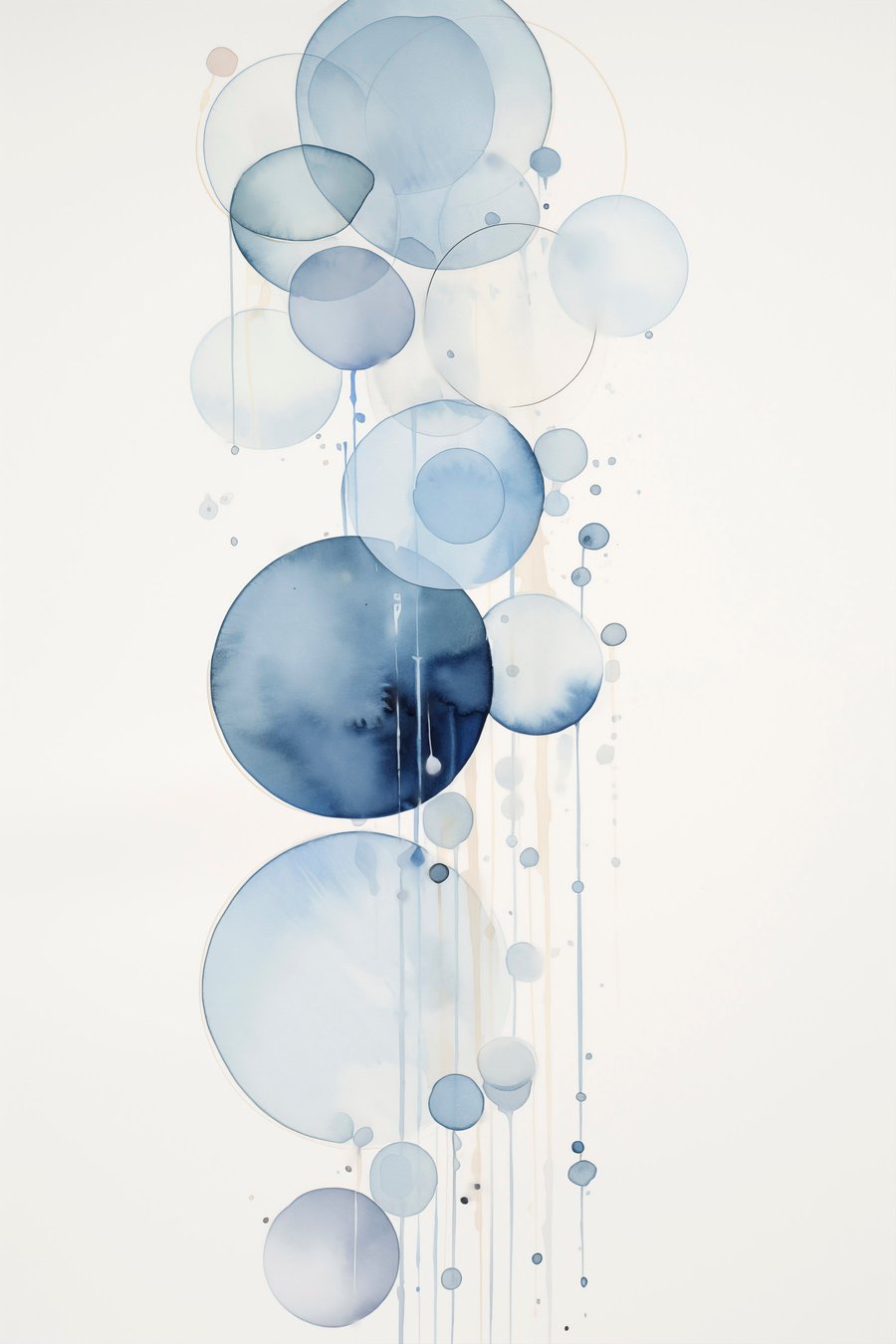 Abstracte blauwe en witte waterverfcirkels met verschillende afmetingen en textuur, tegen een witte achtergrond — volledig ontwerp