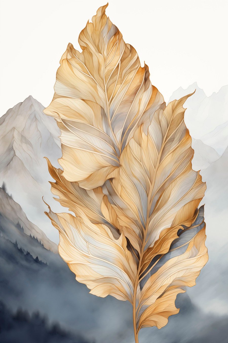 Abstracte grote, gele en bruine bladeren met ingewikkelde details, tegen een berglandschap — volledig ontwerp