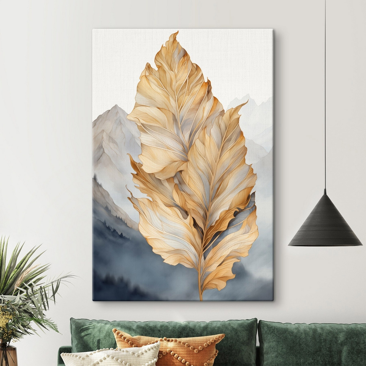 Abstracte grote, gele en bruine bladeren met ingewikkelde details, tegen een berglandschap — interieur 2