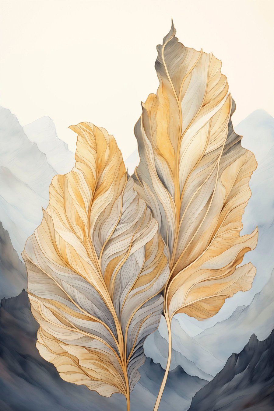 Abstracte grote, gele en bruine bladeren met ingewikkelde details, tegen een berglandschap — volledig ontwerp