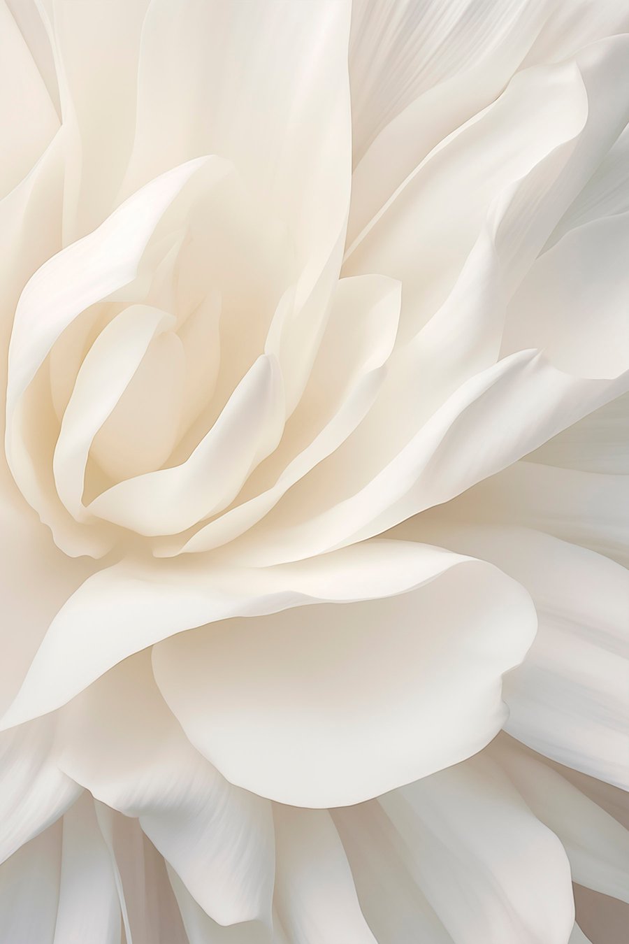 Abstracte witte bloem met delicate, gelaagde bloemblaadjes, minimalistische kunst — volledig ontwerp