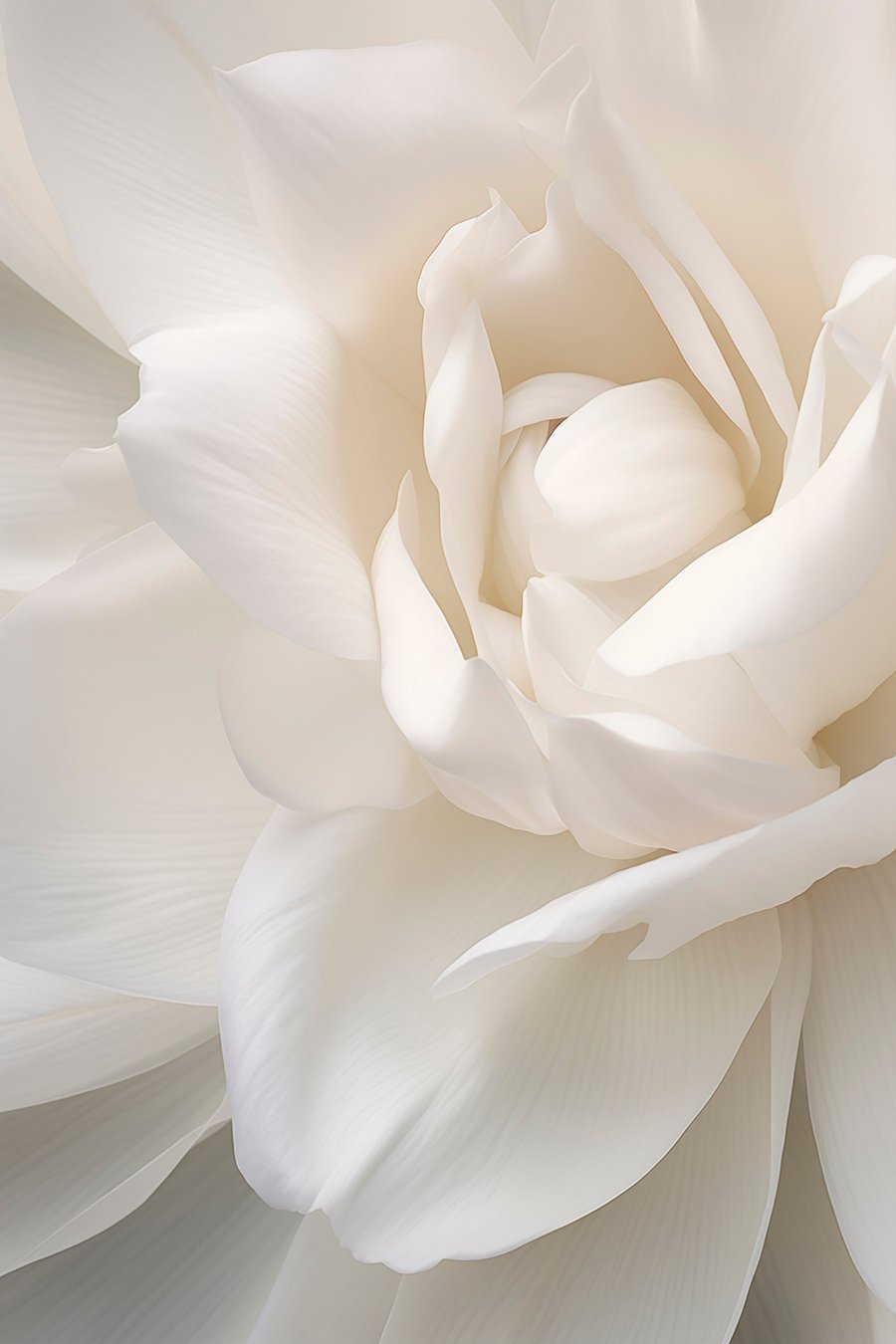 Abstracte witte bloem met delicate, gelaagde bloemblaadjes, minimalistische kunst — volledig ontwerp