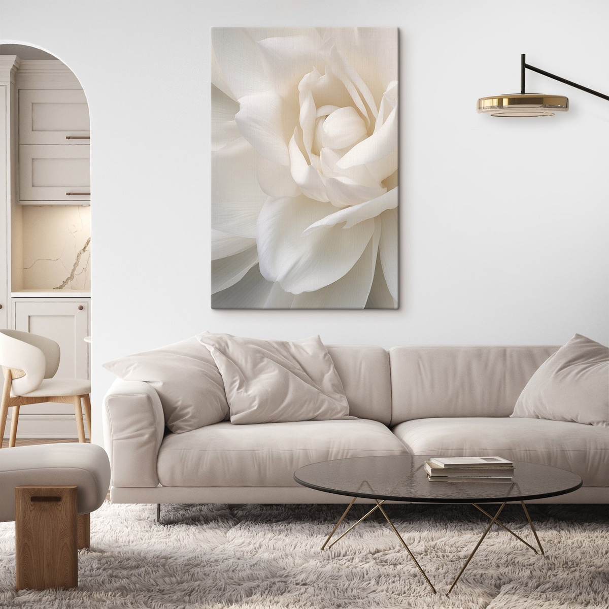 Abstracte witte bloem met delicate, gelaagde bloemblaadjes, minimalistische kunst — interieur 1
