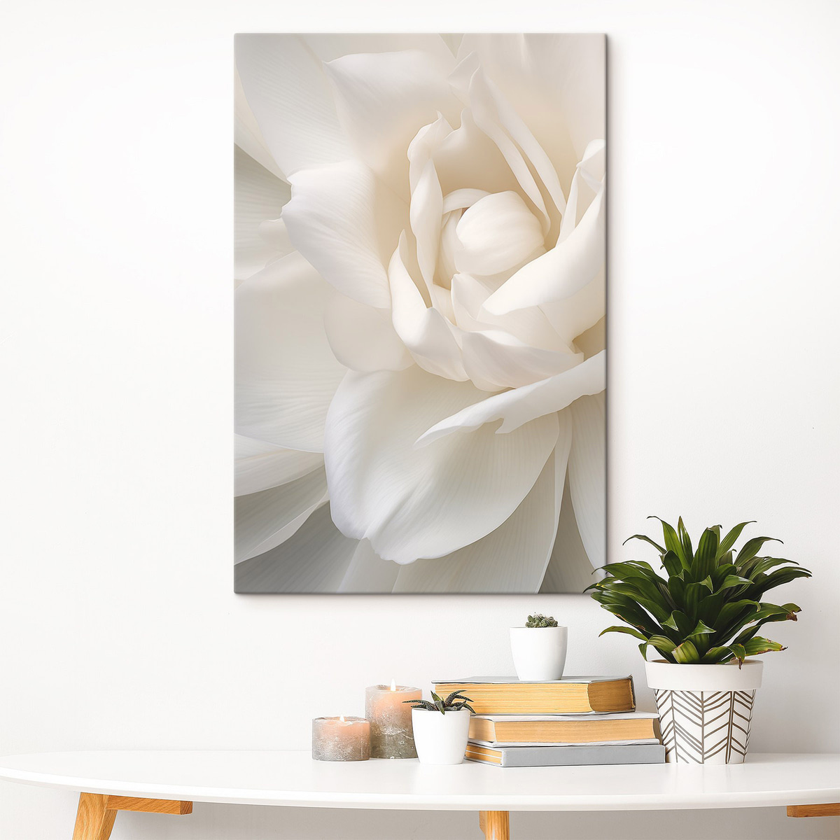 Abstracte witte bloem met delicate, gelaagde bloemblaadjes, minimalistische kunst — interieur 2