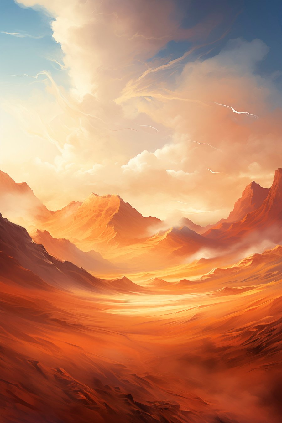 Een uitgestrekt, oranje woestijnlandschap met torenhoge, rotsachtige bergen onder een wazige, zonovergoten hemel met dunne wolken — volledig ontwerp