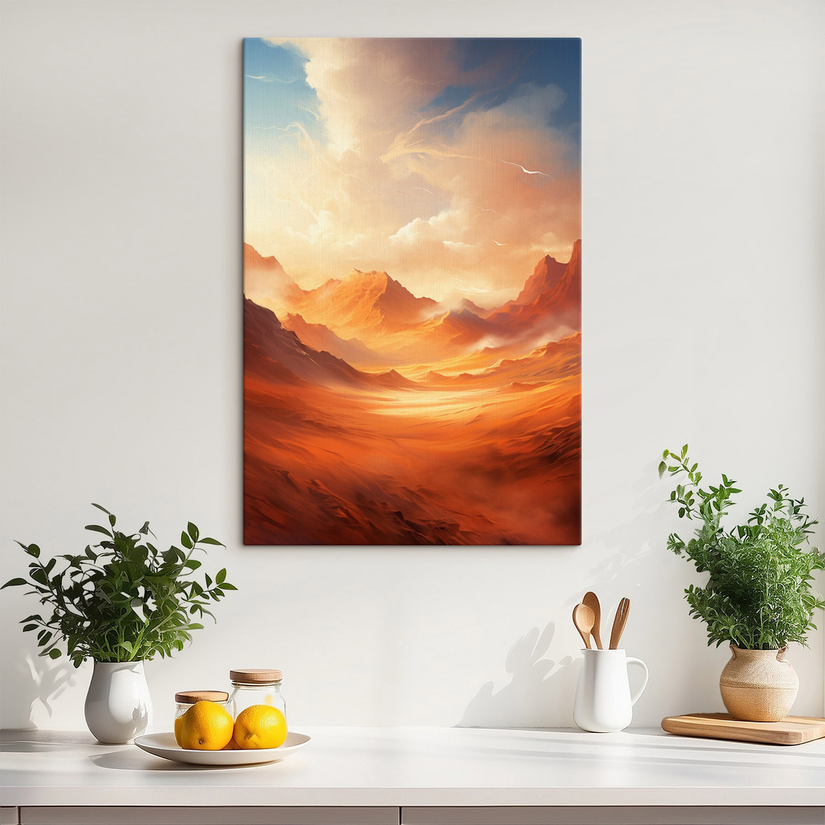 Een uitgestrekt, oranje woestijnlandschap met torenhoge, rotsachtige bergen onder een wazige, zonovergoten hemel met dunne wolken — interieur 1