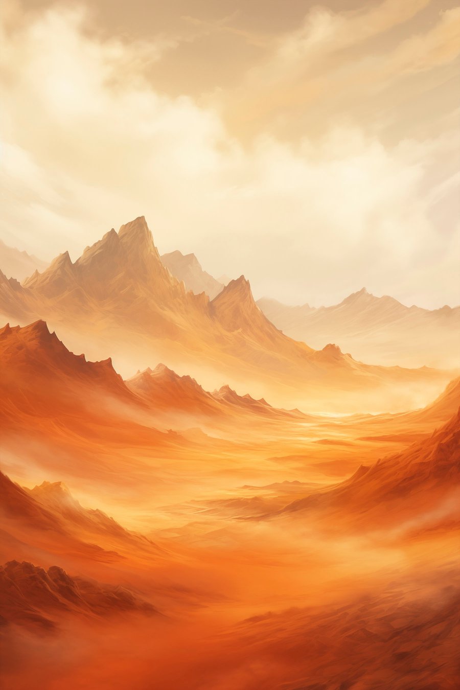 Een uitgestrekt, oranje woestijnlandschap met torenhoge, rotsachtige bergen onder een wazige, zonovergoten hemel met dunne wolken — volledig ontwerp