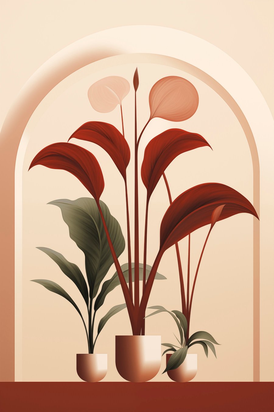Abstracte potplanten met grote groene en rode bladeren voor een crèmekleurige boog — volledig ontwerp
