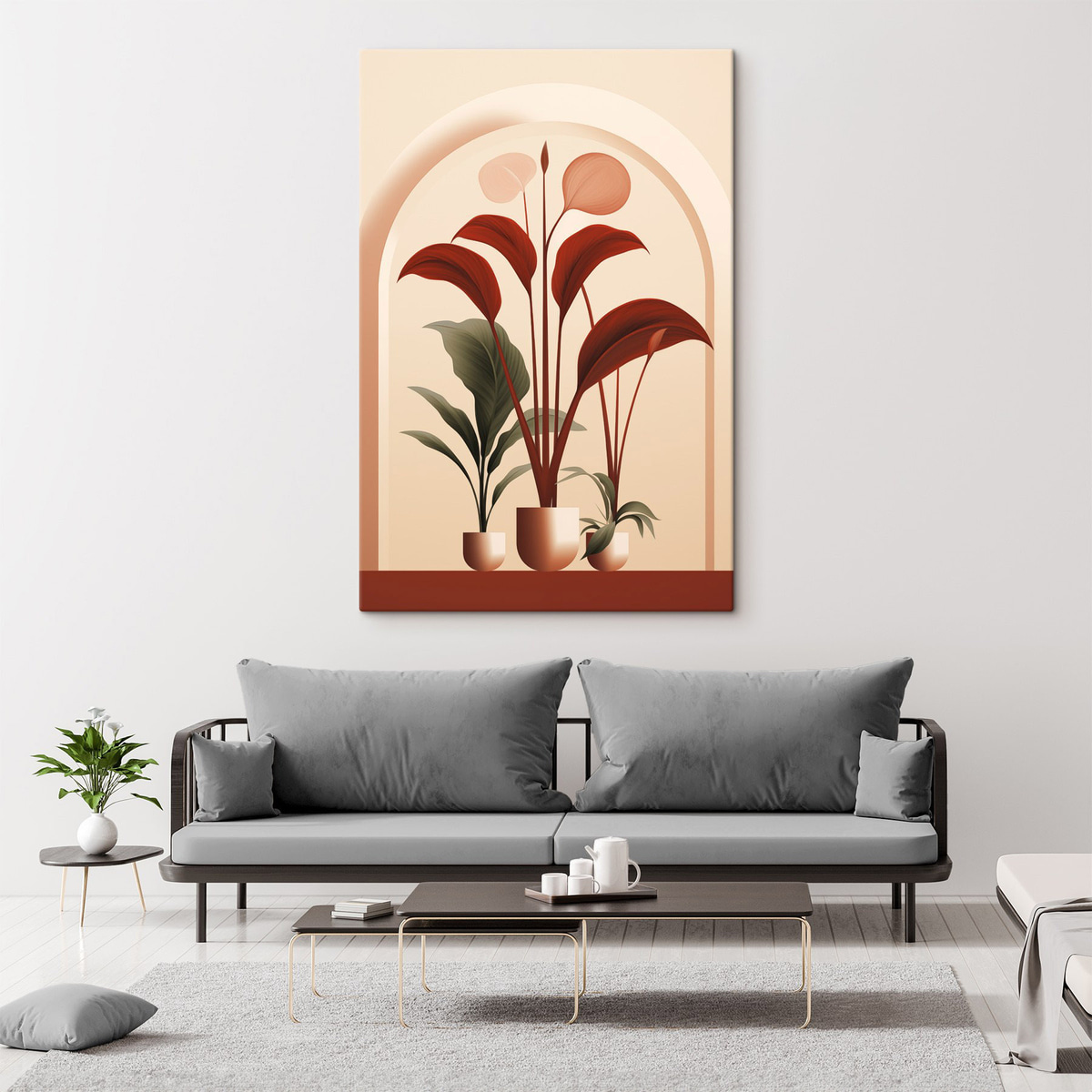 Abstracte potplanten met grote groene en rode bladeren voor een crèmekleurige boog — interieur 2