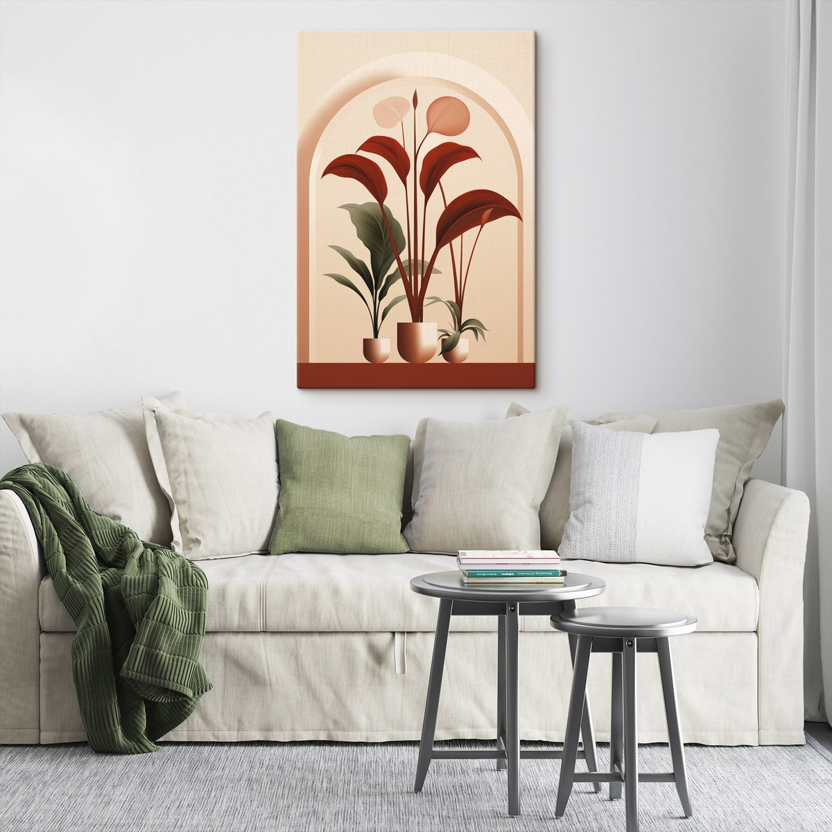 Abstracte potplanten met grote groene en rode bladeren voor een crèmekleurige boog — interieur 1