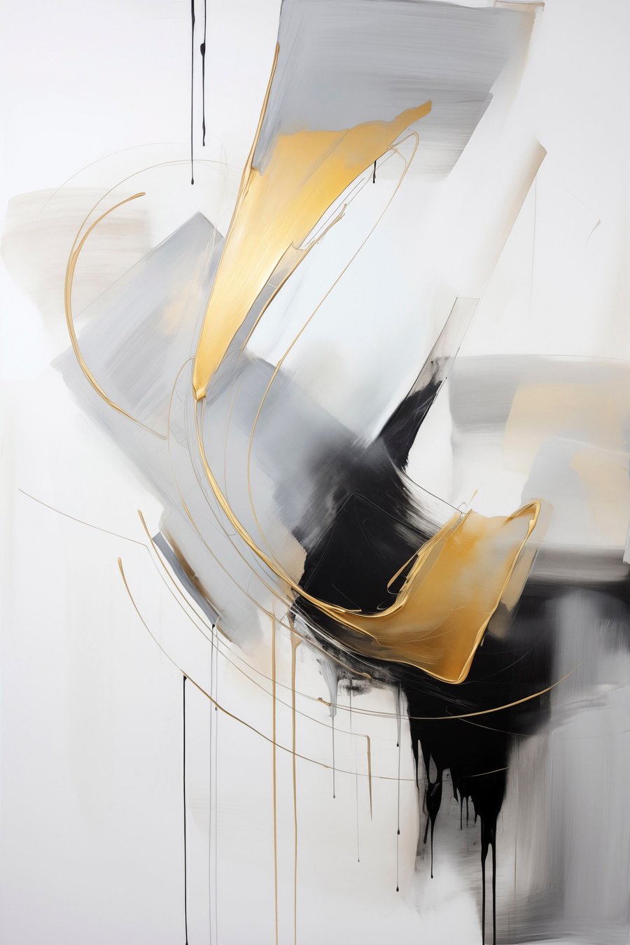 Abstract schilderij met gele en zwart-witte penseelstreken, dynamische lijnen — volledig ontwerp