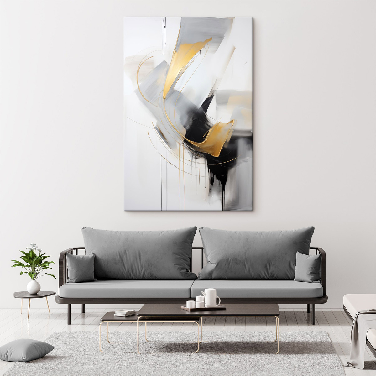 Abstract schilderij met gele en zwart-witte penseelstreken, dynamische lijnen — interieur 2