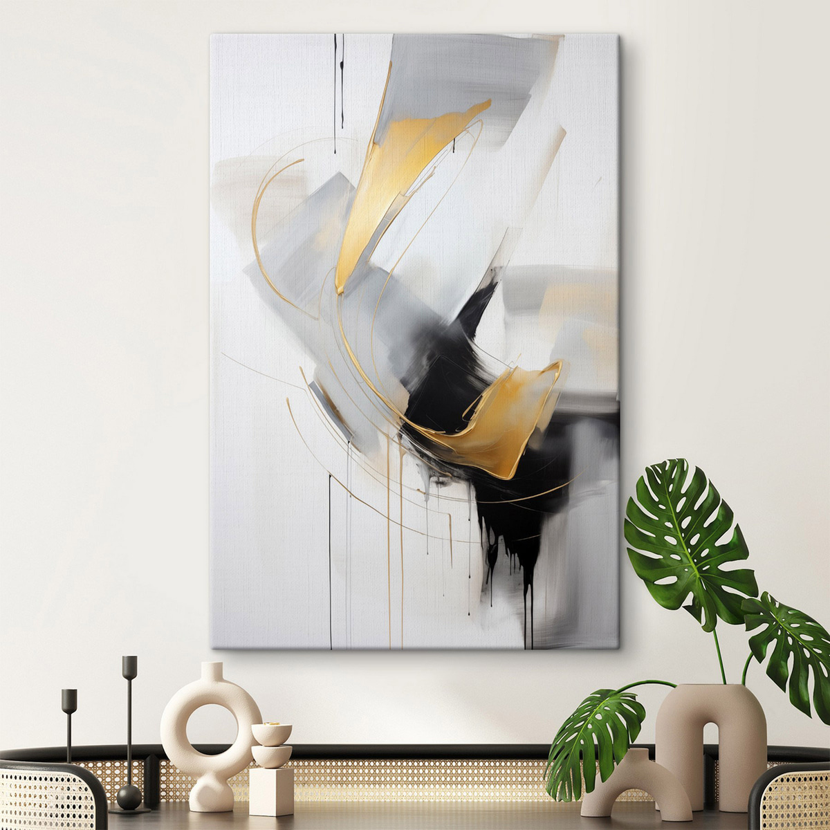 Abstract schilderij met gele en zwart-witte penseelstreken, dynamische lijnen — interieur 1